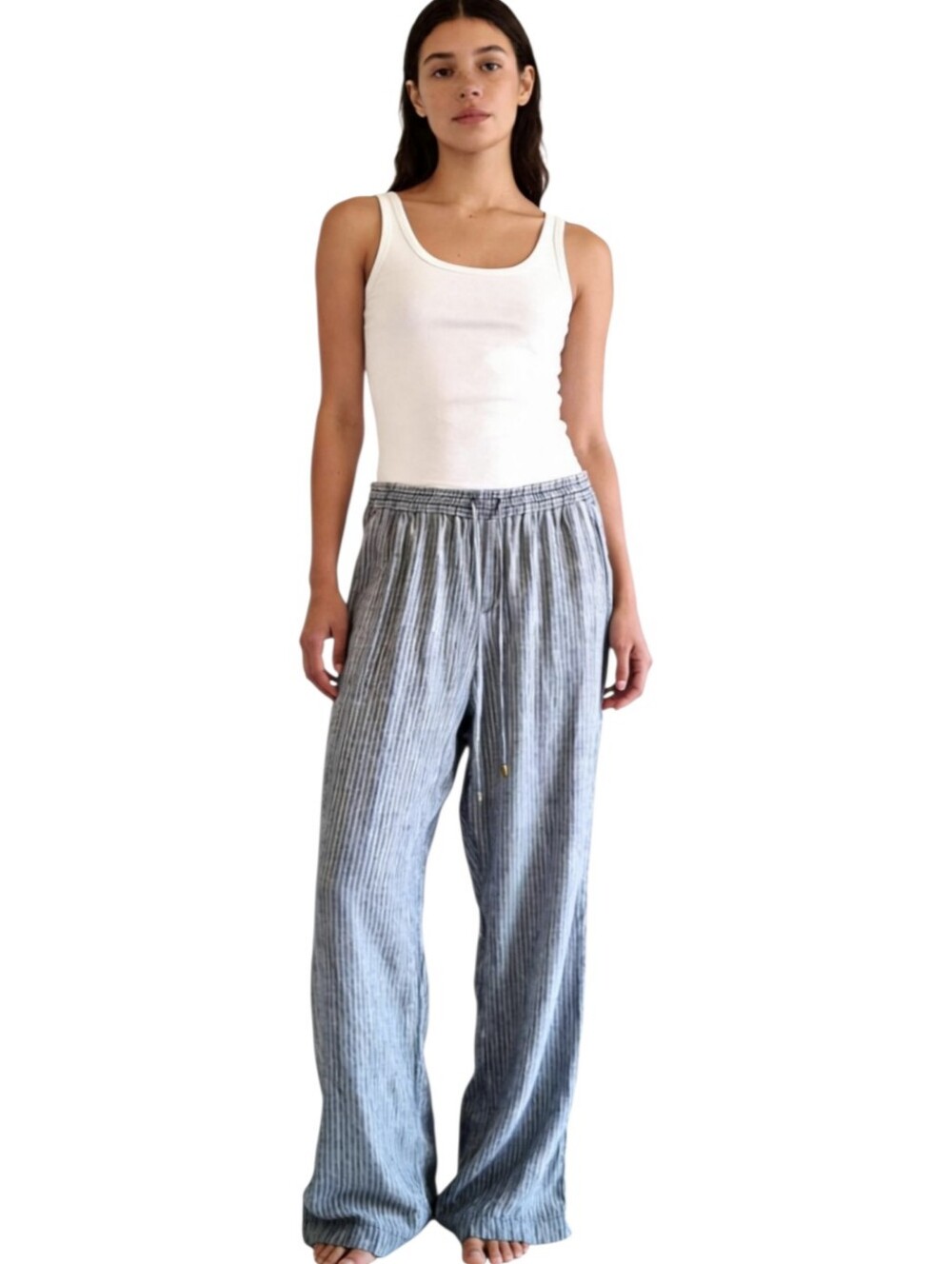 ELLEN TRACY Women's Pants Linen Gray White Stripes Drawstring Waist LARGE